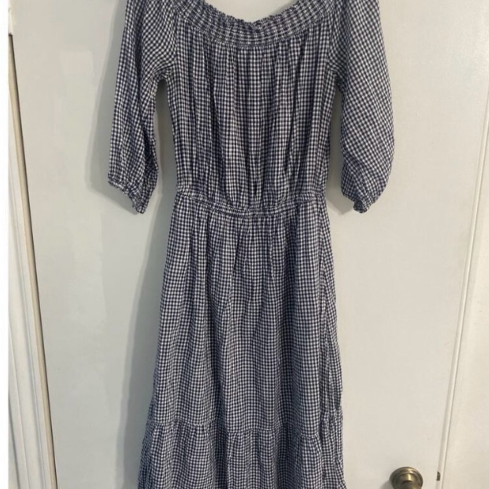 Blue White Gingjam Midi Gingham Dress Off Shoulder XXL